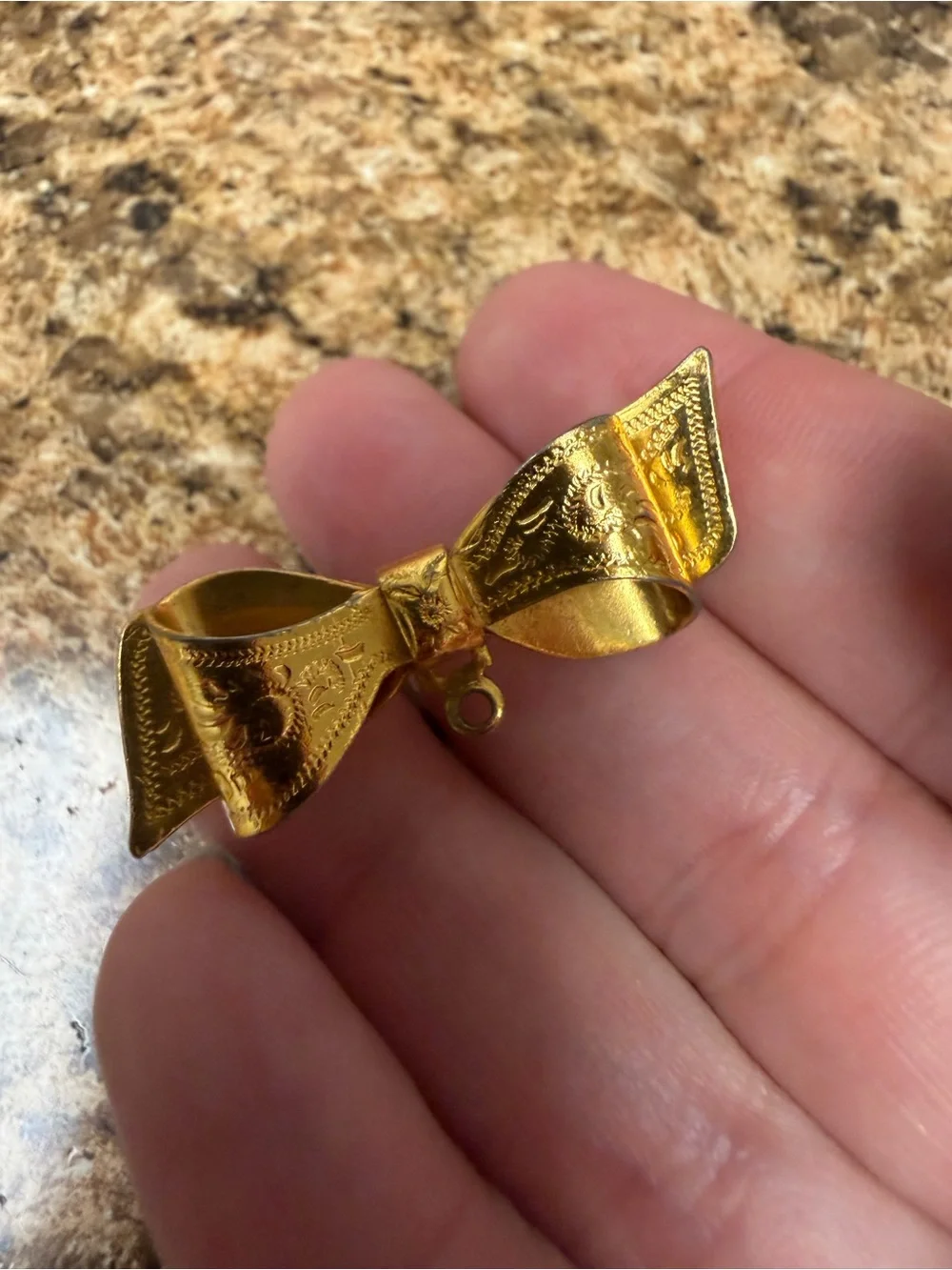 Vintage Gold Tone Engraved Ribbon Bow Brooch Pin Victorian Revival Dangle Loop